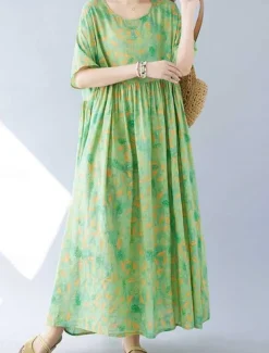 Women's Maxi Dress Cotton Linen Dresses Casual Dress Swing Dress Cotton Maxi Dress Basic Casual Vacation Daily Regular Fit Floral Short Sleeve Crew Neck Green Summer