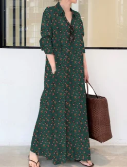 Women's Maxi Dress Cotton Linen Dresses Shirt Dress Elegant Vintage Stylish Vacation Party Daily Loose Fit Graphic Long Sleeve Shirt Collar Wine Royal Blue Green Spring Fall Winter