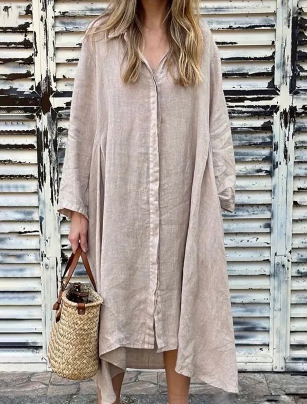 Women's Maxi Dress Cotton Linen Dresses Shirt Dress Casual Dress Cotton Maxi Dress Basic Casual Vacation Daily Regular Fit Plain Long Sleeve Shirt Collar Dark Green Apricot Gray Summer