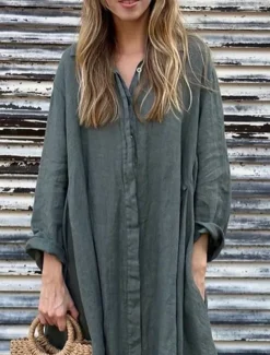 Women's Maxi Dress Cotton Linen Dresses Shirt Dress Casual Dress Cotton Maxi Dress Basic Casual Vacation Daily Regular Fit Plain Long Sleeve Shirt Collar Dark Green Apricot Gray Summer