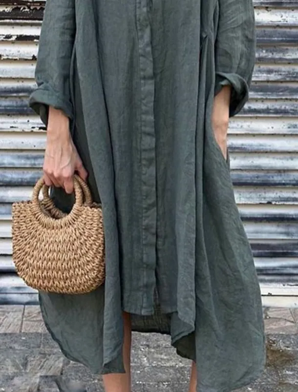 Women's Maxi Dress Cotton Linen Dresses Shirt Dress Casual Dress Cotton Maxi Dress Basic Casual Vacation Daily Regular Fit Plain Long Sleeve Shirt Collar Dark Green Apricot Gray Summer