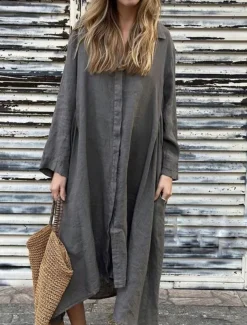 Women's Maxi Dress Cotton Linen Dresses Shirt Dress Casual Dress Cotton Maxi Dress Basic Casual Vacation Daily Regular Fit Plain Long Sleeve Shirt Collar Dark Green Apricot Gray Summer