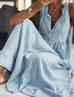 Women's Maxi Dress Cotton Linen Dresses Basic Casual Vacation Daily Regular Fit Plain Sleeveless V Neck Pink Light Blue Summer