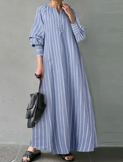 Women's Maxi Dress Cotton Linen Dresses Casual Dress Basic Casual Vacation Daily Regular Fit Stripe Long Sleeve V Neck White Blue Summer Spring