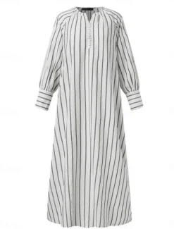 Women's Maxi Dress Cotton Linen Dresses Casual Dress Basic Casual Vacation Daily Regular Fit Stripe Long Sleeve V Neck White Blue Summer Spring