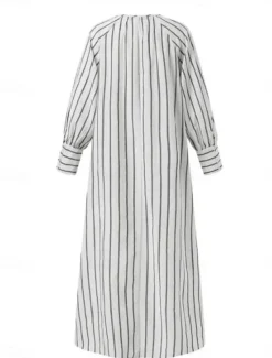 Women's Maxi Dress Cotton Linen Dresses Casual Dress Basic Casual Vacation Daily Regular Fit Stripe Long Sleeve V Neck White Blue Summer Spring