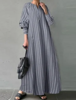 Women's Maxi Dress Cotton Linen Dresses Casual Dress Basic Casual Vacation Daily Regular Fit Stripe Long Sleeve V Neck White Blue Summer Spring