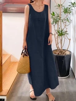 Women's Maxi Dress Cotton Linen Dresses Basic Casual Vacation Daily Regular Fit Plain Sleeveless Crew Neck Yellow Navy Blue Green Summer