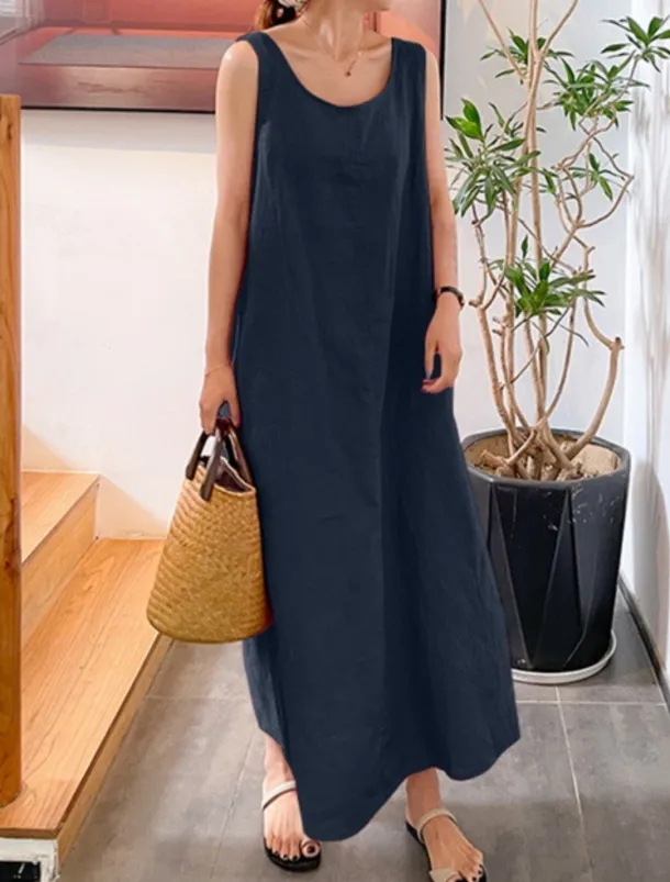 Women's Maxi Dress Cotton Linen Dresses Basic Casual Vacation Daily Regular Fit Plain Sleeveless Crew Neck Yellow Navy Blue Green Summer