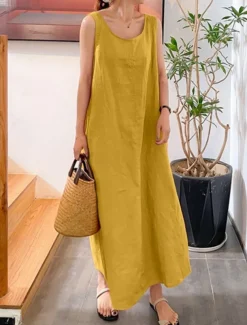 Women's Maxi Dress Cotton Linen Dresses Basic Casual Vacation Daily Regular Fit Plain Sleeveless Crew Neck Yellow Navy Blue Green Summer