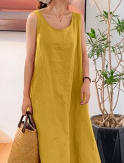 Women's Maxi Dress Cotton Linen Dresses Basic Casual Vacation Daily Regular Fit Plain Sleeveless Crew Neck Yellow Navy Blue Green Summer