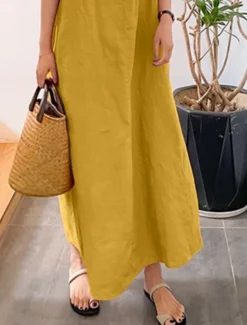 Women's Maxi Dress Cotton Linen Dresses Basic Casual Vacation Daily Regular Fit Plain Sleeveless Crew Neck Yellow Navy Blue Green Summer