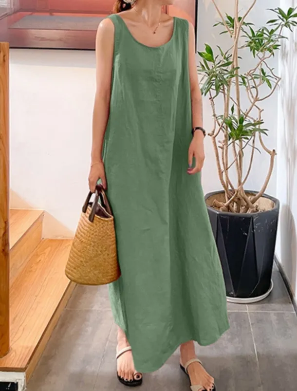 Women's Maxi Dress Cotton Linen Dresses Basic Casual Vacation Daily Regular Fit Plain Sleeveless Crew Neck Yellow Navy Blue Green Summer