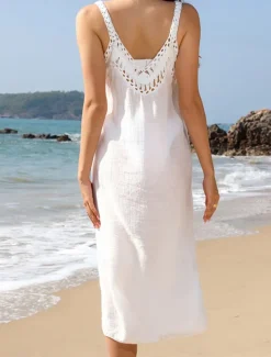 Women's Maxi Dress Cut Out Dress Sundress Slip Dress Tropical Stylish Casual Vacation Daily Regular Fit Plain Sleeveless Halter Neck White Summer