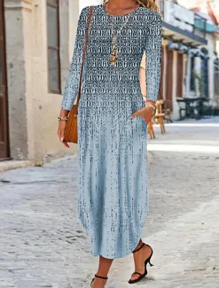 Women's Maxi Dress Ethnic Dress Print Dress Spring Dress Vintage Ethnic Tribal Outdoor Vacation Daily Regular Fit Floral Tribal Long Sleeve Crew Neck White Yellow Wine Blue Summer Spring Fall