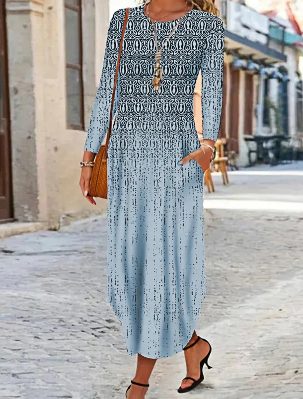 Women's Maxi Dress Ethnic Dress Print Dress Spring Dress Vintage Ethnic Tribal Outdoor Vacation Daily Regular Fit Floral Tribal Long Sleeve Crew Neck White Yellow Wine Blue Summer Spring Fall