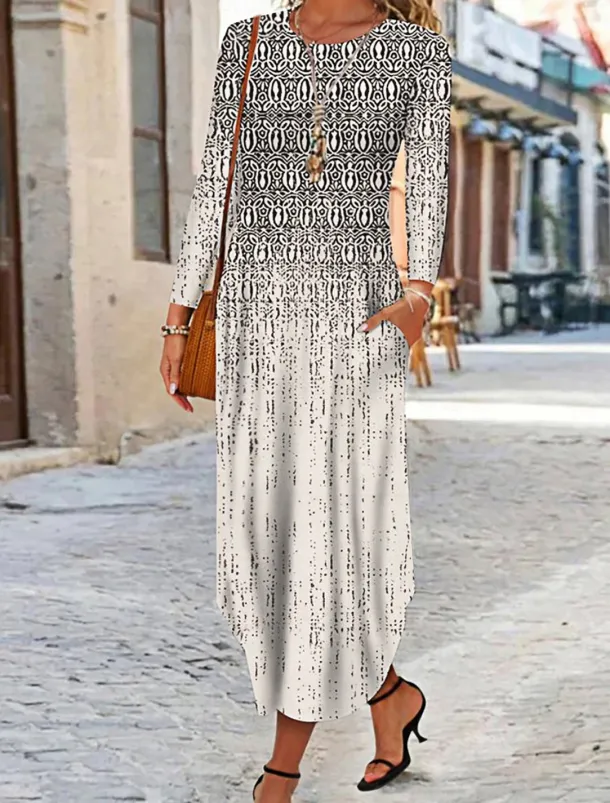 Women's Maxi Dress Ethnic Dress Print Dress Spring Dress Vintage Ethnic Tribal Outdoor Vacation Daily Regular Fit Floral Tribal Long Sleeve Crew Neck White Yellow Wine Blue Summer Spring Fall