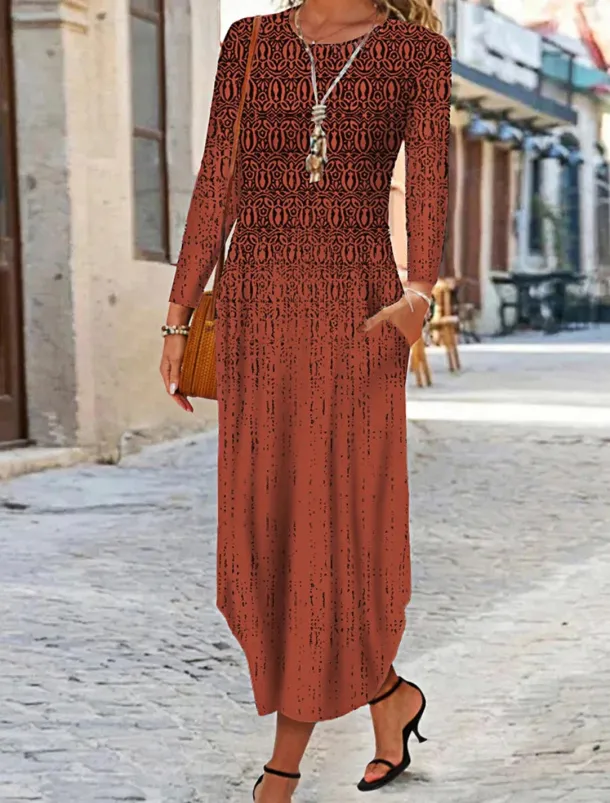 Women's Maxi Dress Ethnic Dress Print Dress Spring Dress Vintage Ethnic Tribal Outdoor Vacation Daily Regular Fit Floral Tribal Long Sleeve Crew Neck White Yellow Wine Blue Summer Spring Fall