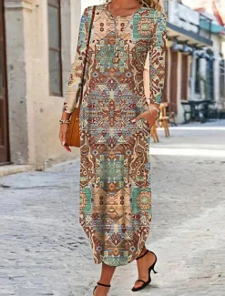 Women's Maxi Dress Ethnic Dress Print Dress Spring Dress Vintage Ethnic Tribal Outdoor Vacation Daily Regular Fit Floral Tribal Long Sleeve Crew Neck White Yellow Wine Blue Summer Spring Fall