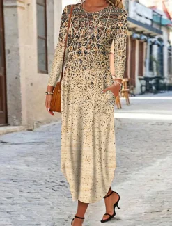 Women's Maxi Dress Ethnic Dress Print Dress Spring Dress Vintage Ethnic Tribal Outdoor Vacation Daily Regular Fit Floral Tribal Long Sleeve Crew Neck White Yellow Wine Blue Summer Spring Fall