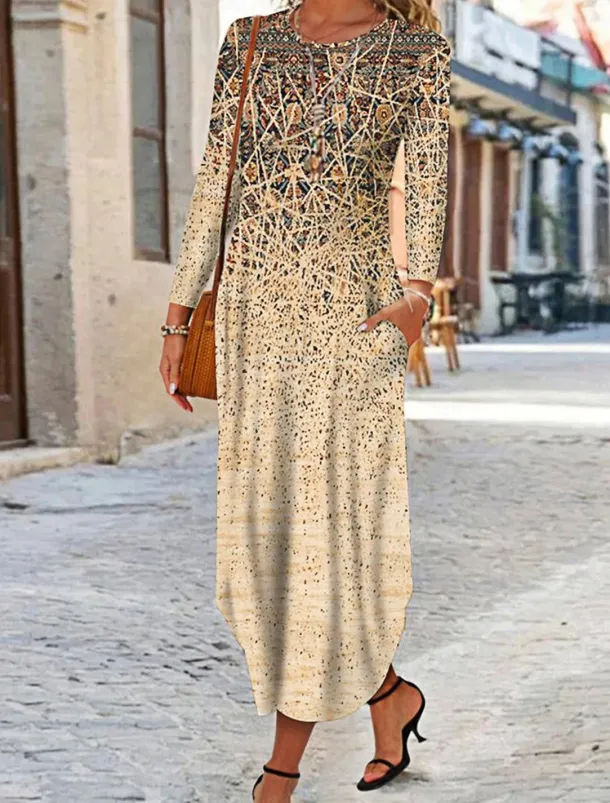 Women's Maxi Dress Ethnic Dress Print Dress Spring Dress Vintage Ethnic Tribal Outdoor Vacation Daily Regular Fit Floral Tribal Long Sleeve Crew Neck White Yellow Wine Blue Summer Spring Fall