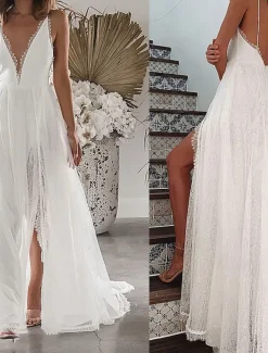 Women's Maxi Dress Graduation Dress Casual Dress A Line Dress Summer Dress Stylish Sexy Vacation Daily Date Regular Fit Plain Sleeveless V Neck White Summer