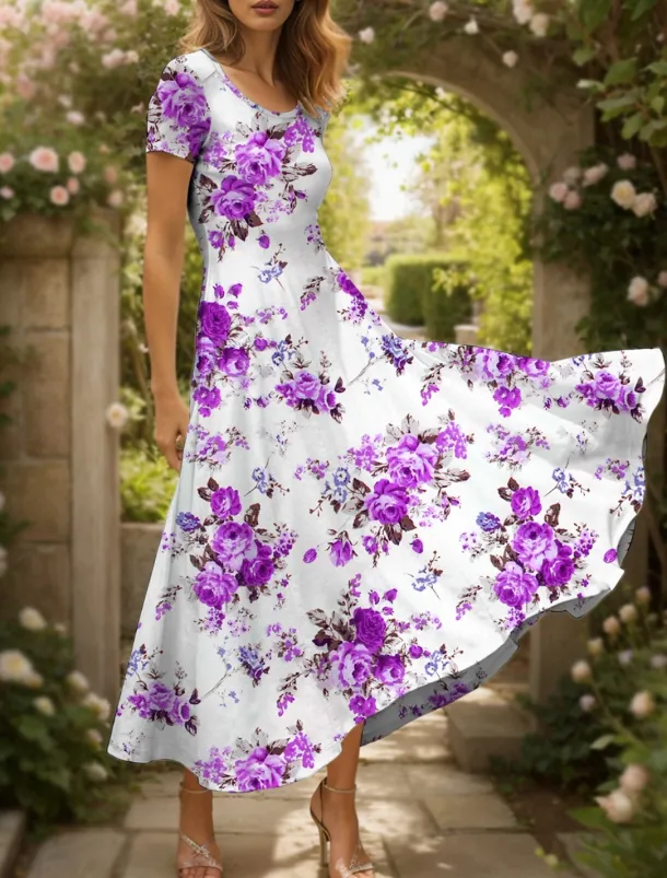 Women's Maxi Dress Knit Dress Casual Dress A Line Dress Summer Dress Elegant Vacation Casual Regular Fit Floral Graphic Short Sleeve Square Neck Scoop Neck Black Yellow Red Blue Summer Spring