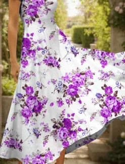 Women's Maxi Dress Knit Dress Casual Dress A Line Dress Summer Dress Elegant Vacation Casual Regular Fit Floral Graphic Short Sleeve Square Neck Scoop Neck Black Yellow Red Blue Summer Spring