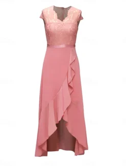 Women's Maxi Dress Lace Dress Cocktail Dress Wedding Guest Dress Chiffon Dress Elegant Formal Wedding Guest Cocktail Party Regular Fit Short Sleeve V Neck Black Pink Red Navy Blue Summer