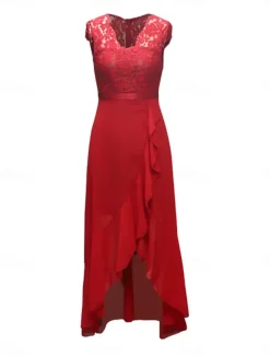 Women's Maxi Dress Lace Dress Cocktail Dress Wedding Guest Dress Chiffon Dress Elegant Formal Wedding Guest Cocktail Party Regular Fit Short Sleeve V Neck Black Pink Red Navy Blue Summer