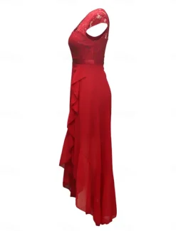 Women's Maxi Dress Lace Dress Cocktail Dress Wedding Guest Dress Chiffon Dress Elegant Formal Wedding Guest Cocktail Party Regular Fit Short Sleeve V Neck Black Pink Red Navy Blue Summer