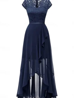 Women's Maxi Dress Lace Dress Cocktail Dress Wedding Guest Dress Chiffon Dress Elegant Formal Wedding Guest Cocktail Party Regular Fit Short Sleeve V Neck Black Pink Red Navy Blue Summer