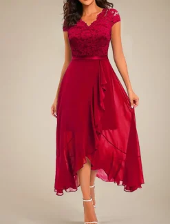 Women's Maxi Dress Lace Dress Cocktail Dress Wedding Guest Dress Chiffon Dress Elegant Formal Wedding Guest Cocktail Party Regular Fit Short Sleeve V Neck Black Pink Red Navy Blue Summer