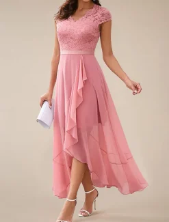 Women's Maxi Dress Lace Dress Cocktail Dress Wedding Guest Dress Chiffon Dress Elegant Formal Wedding Guest Cocktail Party Regular Fit Short Sleeve V Neck Black Pink Red Navy Blue Summer