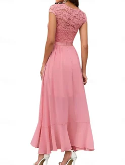 Women's Maxi Dress Lace Dress Cocktail Dress Wedding Guest Dress Chiffon Dress Elegant Formal Wedding Guest Cocktail Party Regular Fit Short Sleeve V Neck Black Pink Red Navy Blue Summer