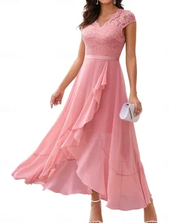 Women's Maxi Dress Lace Dress Cocktail Dress Wedding Guest Dress Chiffon Dress Elegant Formal Wedding Guest Cocktail Party Regular Fit Short Sleeve V Neck Black Pink Red Navy Blue Summer