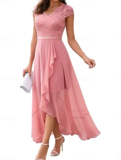 Women's Maxi Dress Lace Dress Cocktail Dress Wedding Guest Dress Chiffon Dress Elegant Formal Wedding Guest Cocktail Party Regular Fit Short Sleeve V Neck Black Pink Red Navy Blue Summer