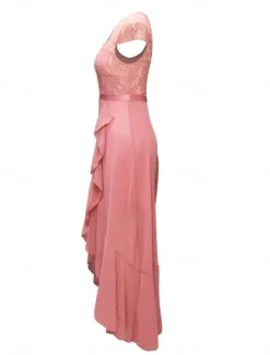 Women's Maxi Dress Lace Dress Cocktail Dress Wedding Guest Dress Chiffon Dress Elegant Formal Wedding Guest Cocktail Party Regular Fit Short Sleeve V Neck Black Pink Red Navy Blue Summer