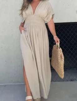 Women's Maxi Dress Linen-Inspired Dresses Casual Dress Plain Dress Casual Sports & Outdoor Street Regular Fit Plain Half Sleeve V Neck Wine Orange Apricot Summer Spring Fall