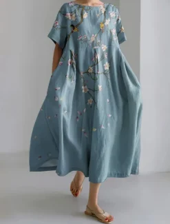 Women's Maxi Dress Linen-Inspired Dresses Casual Dress Swing Dress Casual Daily Regular Fit Floral Long Sleeve Crew Neck Navy Blue Blue Green Spring Fall