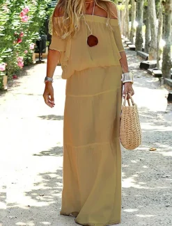 Women's Maxi Dress Linen-Inspired Dresses White Dress Casual Dress Summer Dress Streetwear Maxi Casual Vacation Street Holiday Regular Fit Half Sleeve Off Shoulder Black White Red Khaki Summer