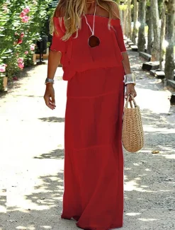 Women's Maxi Dress Linen-Inspired Dresses White Dress Casual Dress Summer Dress Streetwear Maxi Casual Vacation Street Holiday Regular Fit Half Sleeve Off Shoulder Black White Red Khaki Summer