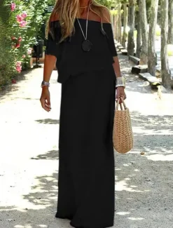 Women's Maxi Dress Linen-Inspired Dresses White Dress Casual Dress Summer Dress Streetwear Maxi Casual Vacation Street Holiday Regular Fit Half Sleeve Off Shoulder Black White Red Khaki Summer