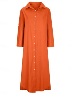 Women's Maxi Dress Linen-Inspired Dresses Elegant Vintage Stylish Vacation Daily Date Loose Fit Plain Long Sleeve Shirt Collar White Orange Spring Fall