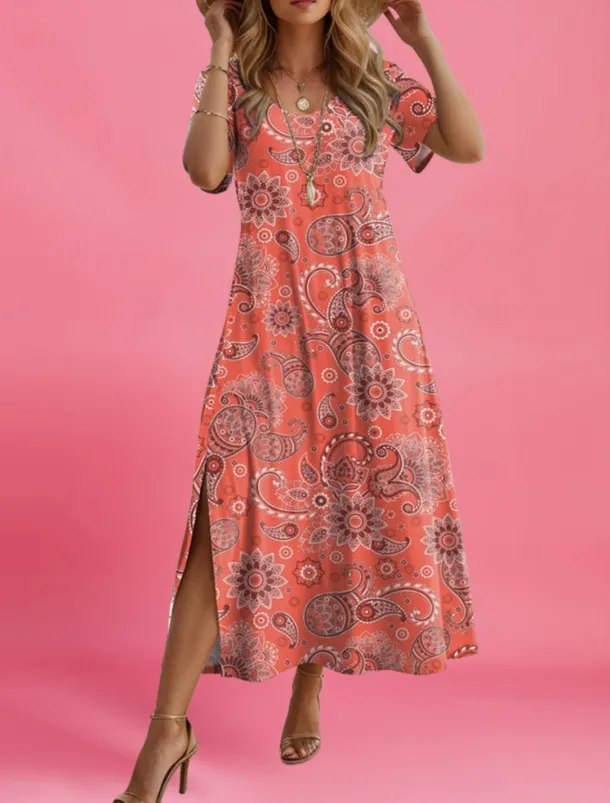 Women's Maxi Dress Paisley Dress Casual Dress Maxi Dress Sundress Ethnic Tribal Vacation Street Holiday Regular Fit Paisley Short Sleeve Crew Neck Red Blue Purple Orange Summer