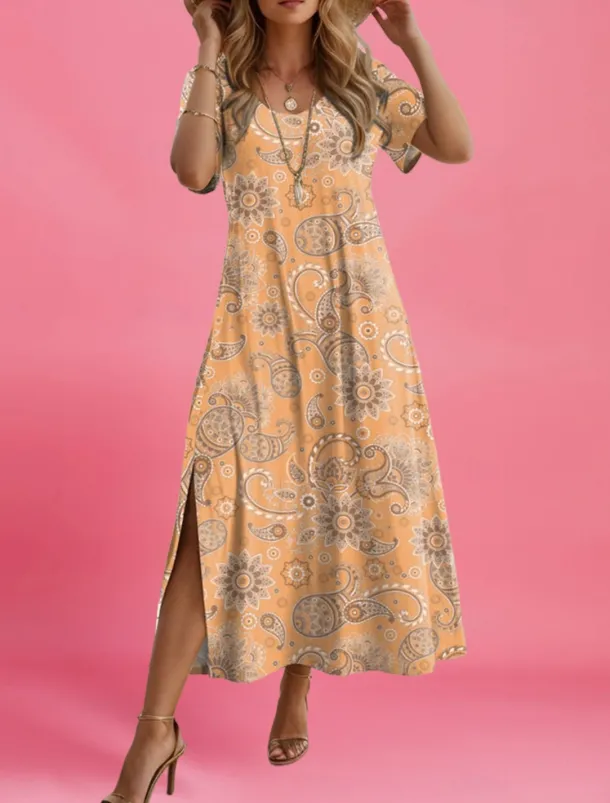 Women's Maxi Dress Paisley Dress Casual Dress Maxi Dress Sundress Ethnic Tribal Vacation Street Holiday Regular Fit Paisley Short Sleeve Crew Neck Red Blue Purple Orange Summer
