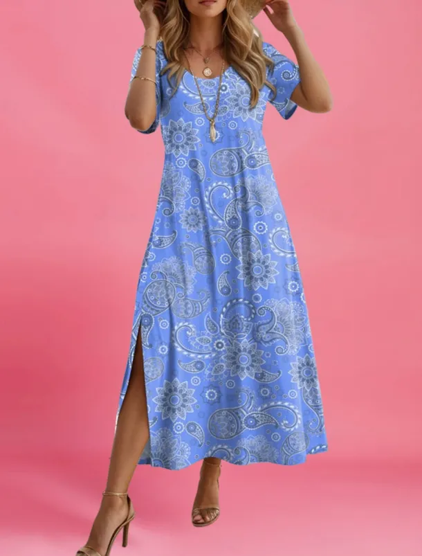 Women's Maxi Dress Paisley Dress Casual Dress Maxi Dress Sundress Ethnic Tribal Vacation Street Holiday Regular Fit Paisley Short Sleeve Crew Neck Red Blue Purple Orange Summer