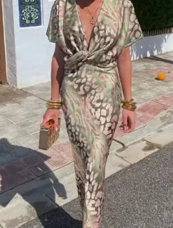 Women's Maxi Dress Semi Formal Dress Wrap Dress Stylish Casual Semi Formal Formal Vacation Party Regular Fit Graphic Short Sleeve V Neck Light Green Summer Spring