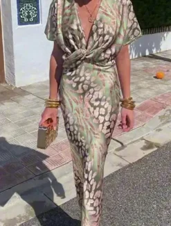 Women's Maxi Dress Semi Formal Dress Wrap Dress Stylish Casual Semi Formal Formal Vacation Party Regular Fit Graphic Short Sleeve V Neck Light Green Summer Spring