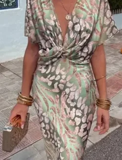 Women's Maxi Dress Semi Formal Dress Wrap Dress Stylish Casual Semi Formal Formal Vacation Party Regular Fit Graphic Short Sleeve V Neck Light Green Summer Spring